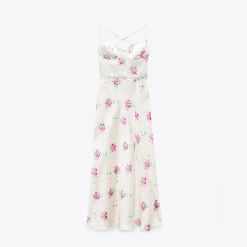 Zara floral satin open back dress lace up dress with slit.
